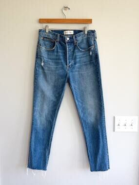 Denim Forum The Yoko High Rise Slim Button Fly Raw Hem Skinny Jeans Blue 30